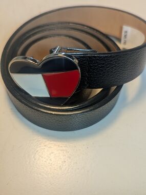 Tommy Hilfiger Black Leather Belt with Heart Flag Buckle